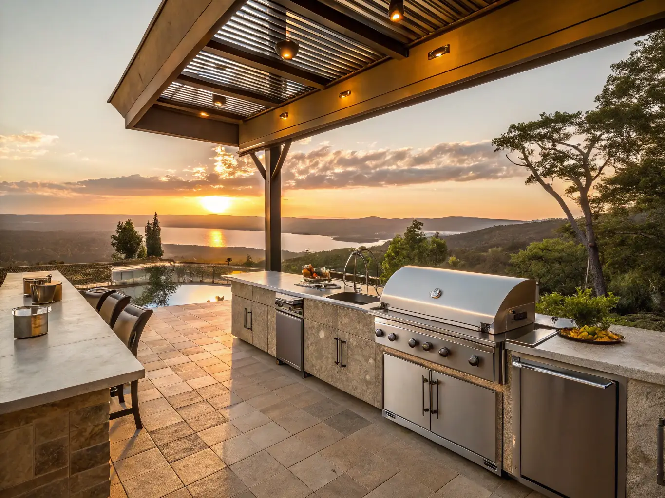 A newly constructed outdoor kitchen and patio area with stone pavers, a built-in grill, and comfortable seating, illustrating Allstone Group's exterior construction capabilities.